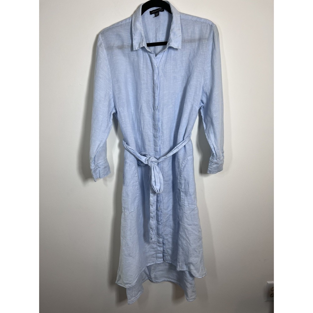 Saks Fifth Avenue Women's 100% Linen Belted Collar Shirt Dress white size XL